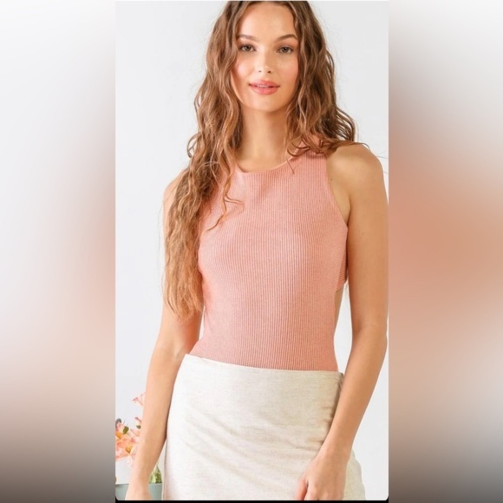 Dark Peach Ribbed Sleeveless Criss-Cross Open Back Bodysuit | Size M | NWT